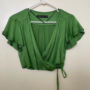 Green Silk Zara Woman Cropped Wrap Top w/ Flutter Sleeves